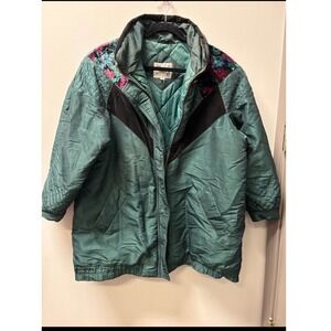 VTG 80s puffer Jacket "New Image" Teal Floral Velvet Trim‎ Quilted Puffer Coat